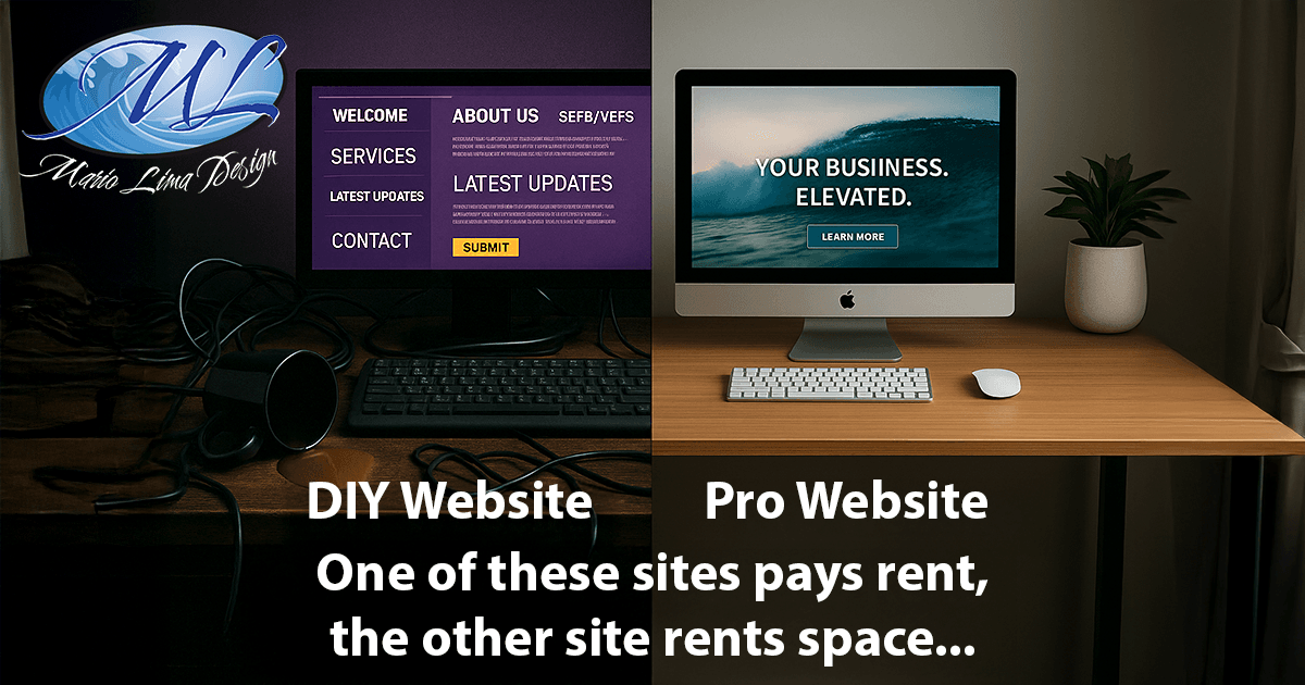 DIY Vs Pro Website_2 2 work spaces, One messy with an old computer and wires all over the desk, the screen shows a poorly designed website. The other workspace is clean, witha modern compute and a plant - the screen has a modern looking website - with the words "Your Business Elevated" over a huge ocean wave in the background.