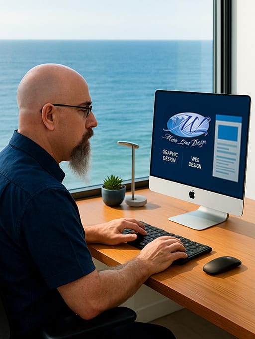 Mario Lima at computer with ocean in the background