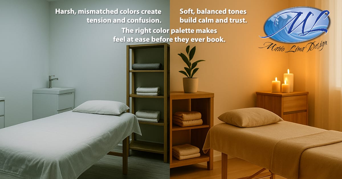 A split-screen image comparing two wellness brand color palettes. The left side shows harsh, mismatched colors creating tension, while the right side features soft, calming tones that build trust and balance.