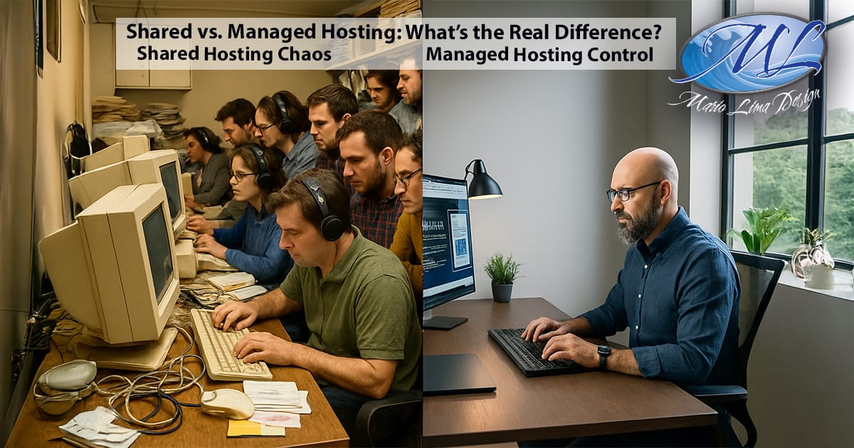 A split-screen image comparing chaotic shared hosting with a crowded room of people using old computers versus calm managed hosting showing a professional working alone at a modern desk with clean, organized workspace.