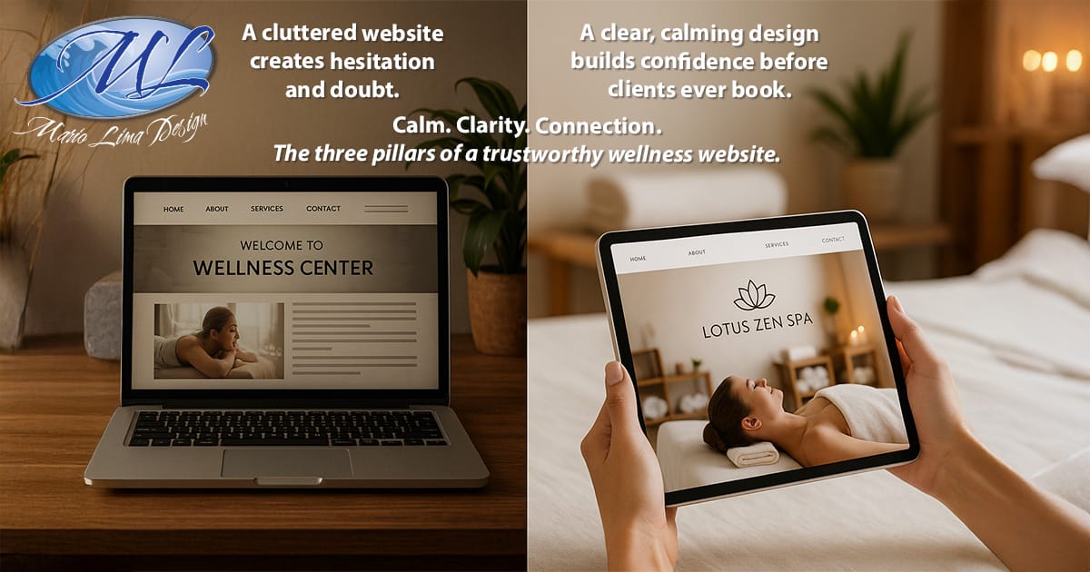 Split-screen showing an outdated wellness website beside a modern, calming spa website for Lotus Zen Spa, illustrating how clear design builds trust before clients ever book.