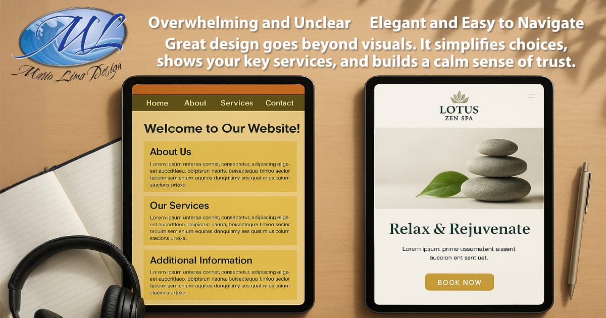 A side by side comparison of an overwhelming text heavy website and a clean, calming design for Lotus Zen Spa, shown on two tablets on a wooden desk with soft natural light