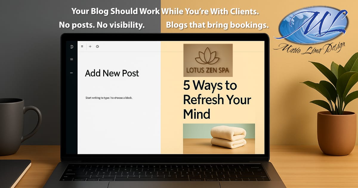 A split-screen photo of a laptop on a desk showing two sides: one blank blog editor labeled “Add New Post,” and the other displaying a wellness website article titled “5 Ways to Refresh Your Mind.” The left side is dark and inactive; the right side is warm, bright, and inviting.