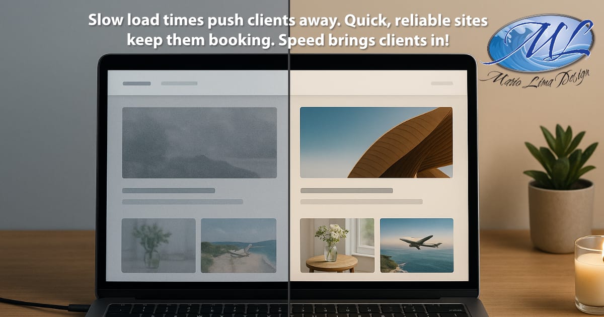 A split-screen laptop showing the difference between a slow-loading blurry website on the left and a fast, fully rendered website on the right. The workspace around the laptop is warm and inviting, with a plant and candle on the desk.