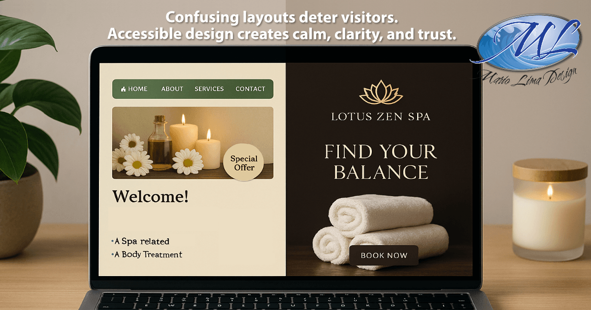A laptop shows a split screen comparing an outdated spa website to a modern accessible design for Lotus Zen Spa.